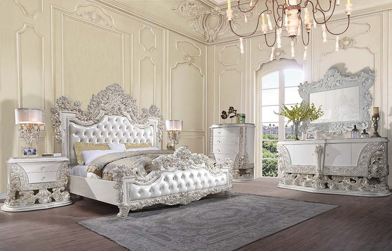 Adara - Eastern King Bed - White PU & Antique White Finish