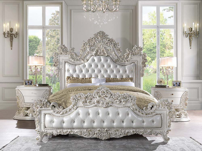 Adara - Eastern King Bed - White PU & Antique White Finish