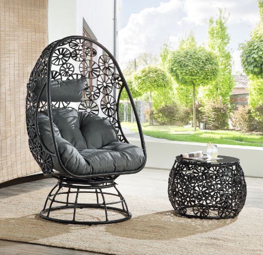 Hikre - Patio Lounge Chair - Clear Glass, Charcaol Fabric & Black Wicker