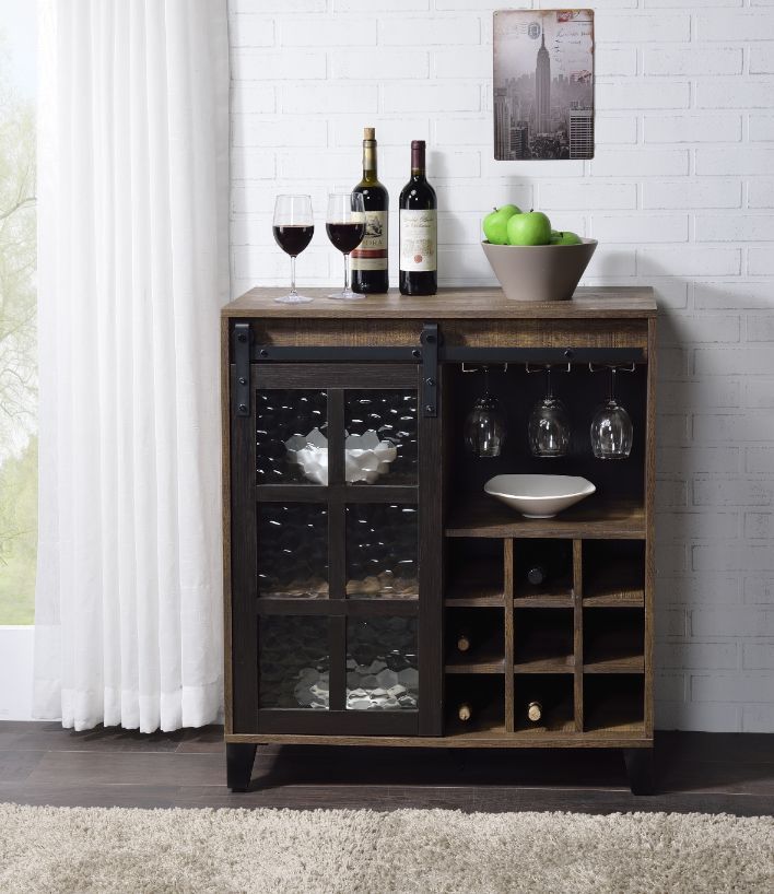 Treju - Wine Cabinet - Obscure Glass, Rustic Oak & Black Finish