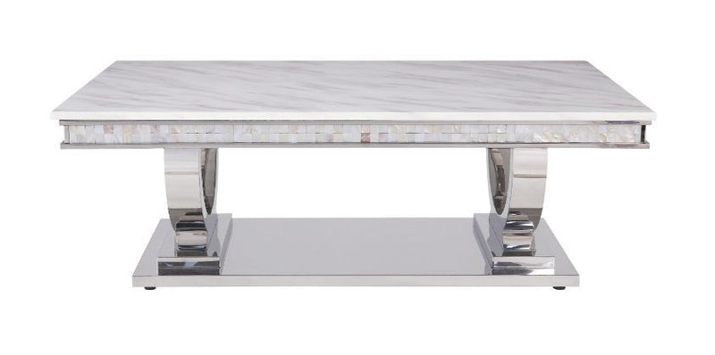 Zander - Coffee Table - White Printed Faux Marble & Mirrored Silver Finish