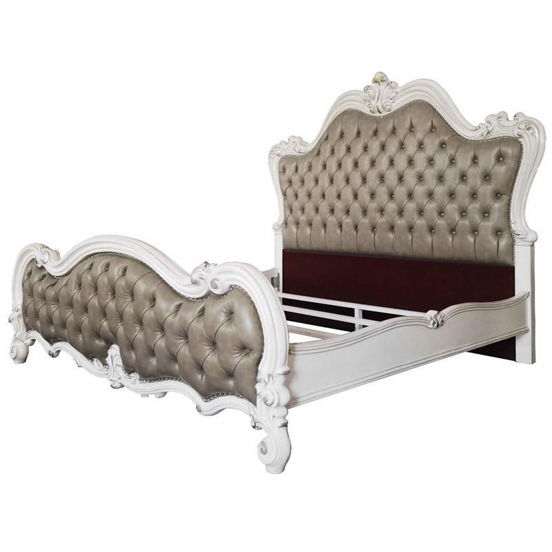 Versailles II - Queen Bed - Vintage Gray PU & Bone White Finsih